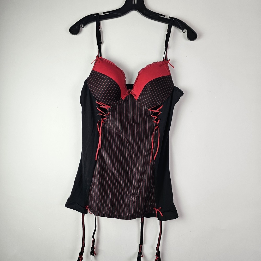 Native Intimates Chemise Lingerie with Garters Red Black Striped 36C Large